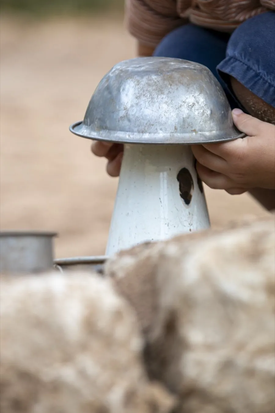 Kinderhände balancieren eine alte Metallschüssel auf einer Emaillekanne im Garten