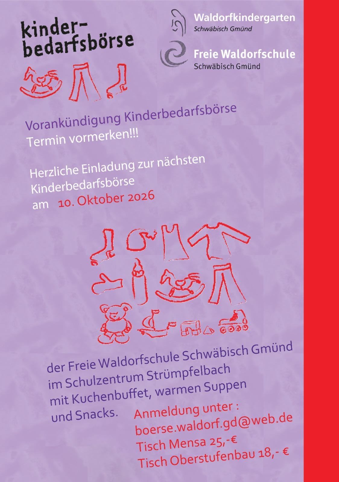 Plakat der Kinderbedarfsbörse mit rot gezeichneten Kinderkleidern und Spielsachen auf violettem Grund